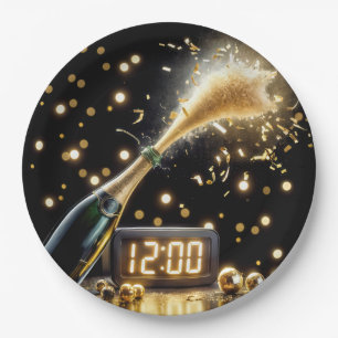 New Year Champagne With Midnight Clock Paper Plate