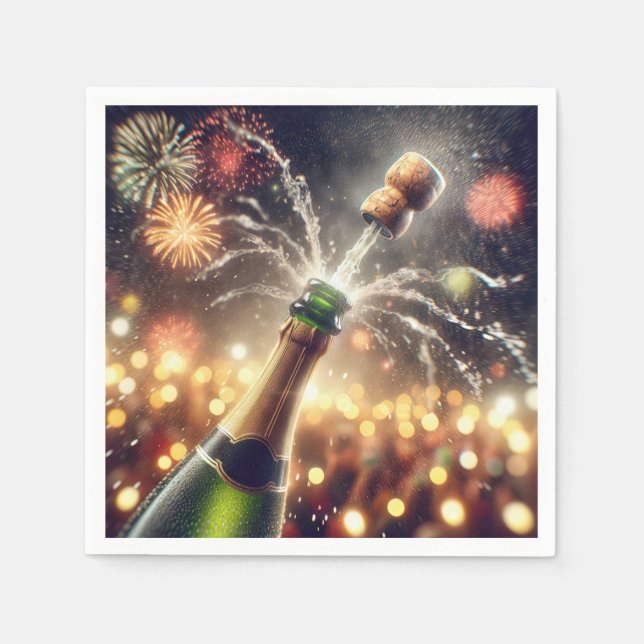 New Year Champagne With Popping Cork Napkin (Front)