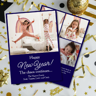 New Year Chaos Continues 5 Photo Dark Blue Holiday Card
