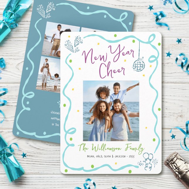 New Year Cheer 5 Photo Turquoise Hand Drawn Sketch Holiday Card (Creator Uploaded)