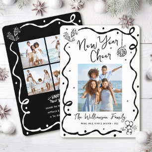 New Year Cheer 5 Photo Whimsical Hand Drawn Doodle Holiday Card