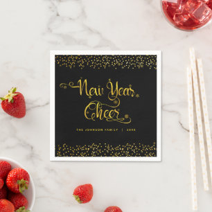New Year Cheer Black Gold Glitter Snowflakes Name Napkin