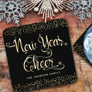 New Year Cheer Black Gold Script Snowflake Glitter Coaster