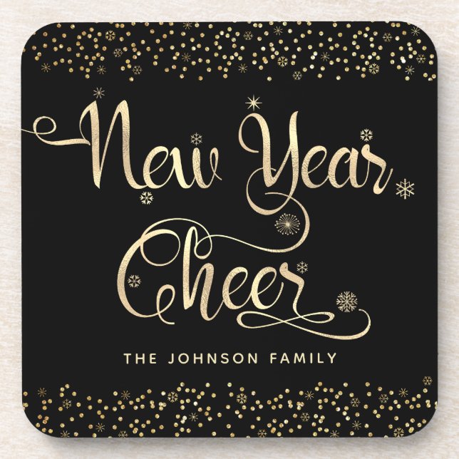 New Year Cheer Black Gold Script Snowflake Glitter Coaster (Front)