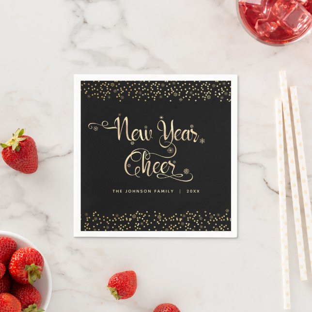 New Year Cheer Black Gold Script Snowflake Glitter Napkin (Insitu)