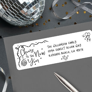 New Year Cheer Black on White Hand Drawn Address Return Address Label