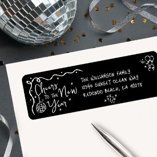 New Year Cheer Black White Hand Drawn Fun Address Return Address Label