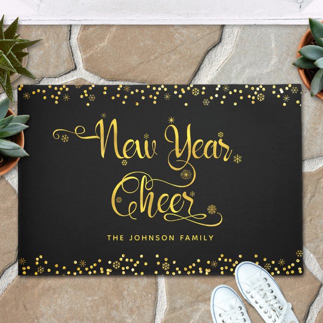 New Year Cheer Chic Gold Snowflakes Black Custom Doormat (Creator Uploaded)