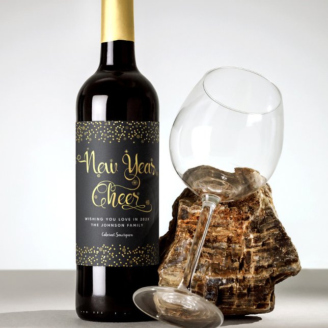 New Year Cheer Chic Gold Snowflakes Black Custom Wine Label (Creator Uploaded)