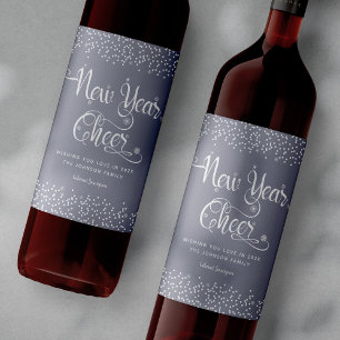 New Year Cheer Chic White Snowflakes Grey Custom Wine Label
