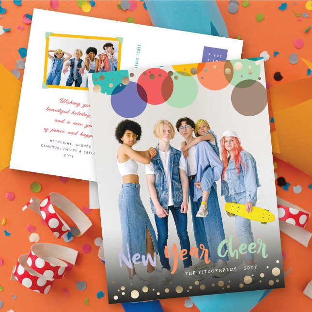 New Year Cheer Colourful & Fun Confetti Dots Photo Holiday Postcard (Creator Uploaded)