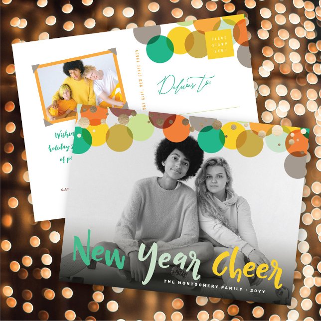 New Year Cheer Colourful & Fun Confetti Dots Photo Holiday Postcard (New Year Cheer Colorful & Fun Confetti Dots Photo Holiday Postcard @ fat_fa_tin)