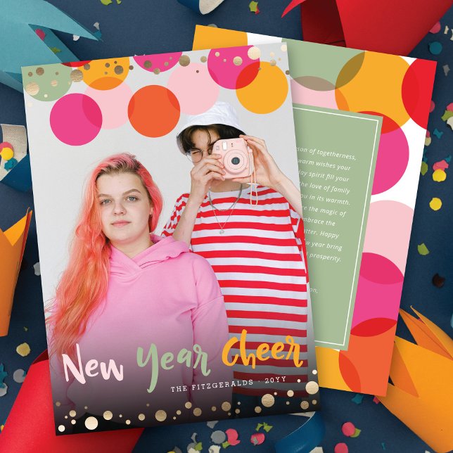 New Year Cheer Fun & Colourful Confetti Dots Photo Holiday Card (Creator Uploaded)