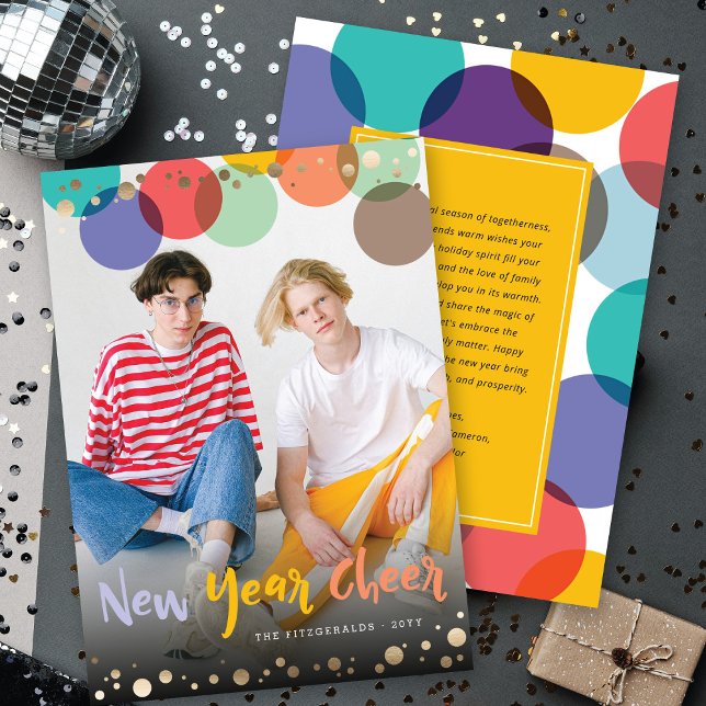 New Year Cheer Fun & Colourful Confetti Dots Photo Holiday Card (Creator Uploaded)
