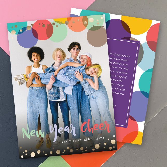 New Year Cheer Fun & Colourful Confetti Dots Photo Holiday Card (Creator Uploaded)
