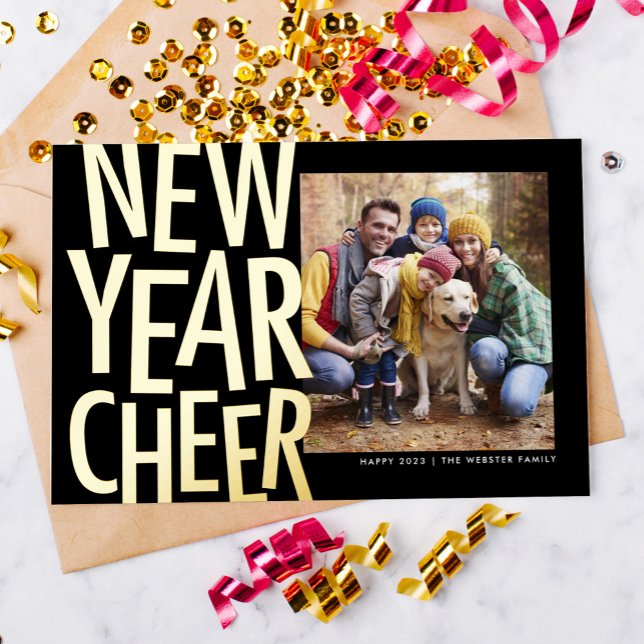 New Year Cheer fun gold one photo confetti Foil Holiday Card (Creator Uploaded)