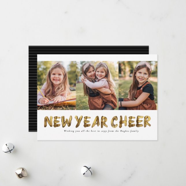 New year cheer gold three photo holiday card (Front/Back In Situ)