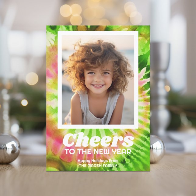New Year Cheer Modern Colourful Tie Dye - Photo Holiday Card (Retro Tie Dye Pattern Christmas Card. Add a little color to your holiday with this online photo card)