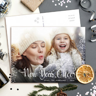 New Year Cheer Modern Script White Snowflake Photo Holiday Postcard