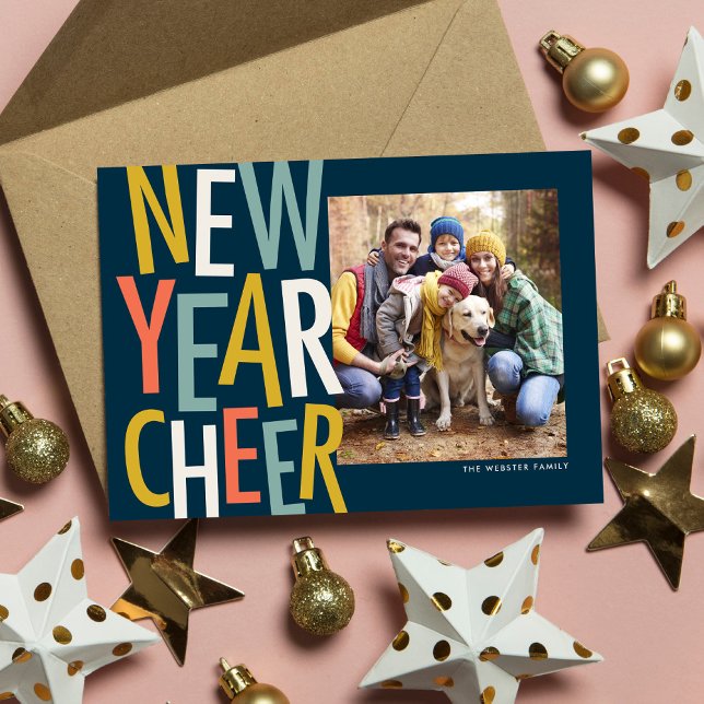 New Year Cheer one photo fun colourful navy Holiday Card (Creator Uploaded)