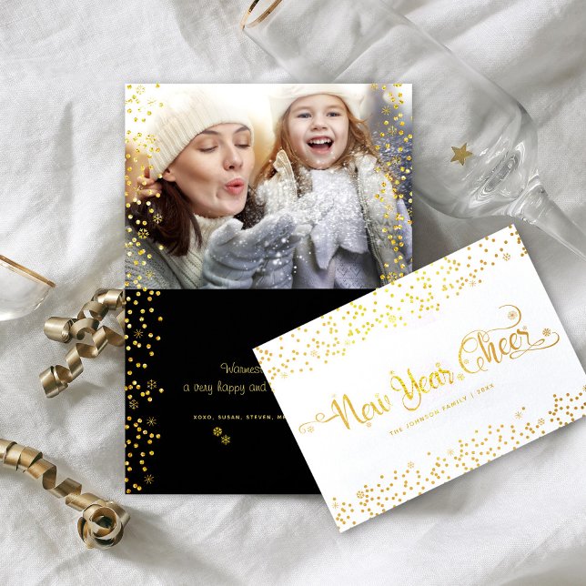 New Year Cheer Photo Gold Script Snowflakes Real Foil Card (Creator Uploaded)