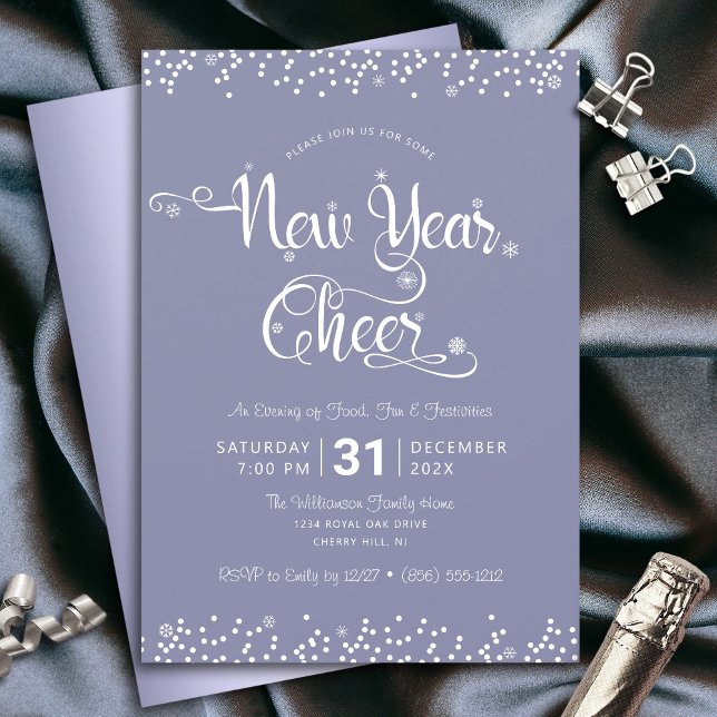New Year Cheer Script Confetti Purple Grey Party Invitation (Creator Uploaded)