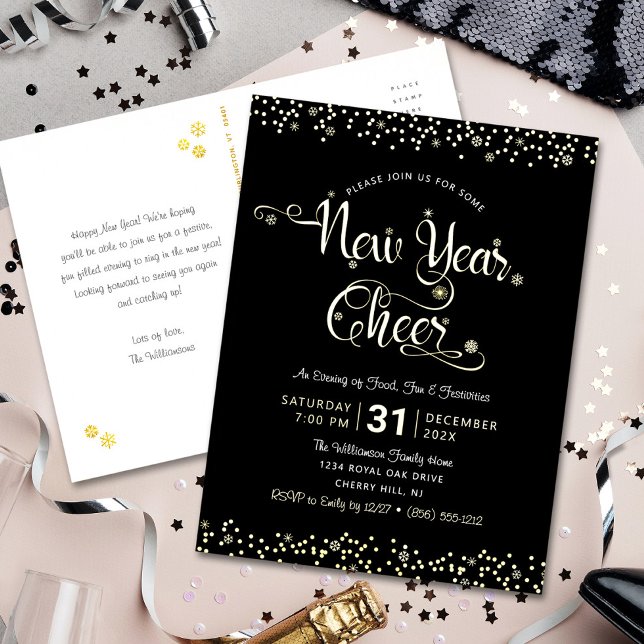 New Year Cheer Script Party Chic Black Real Gold Foil Invitation Postcard (Creator Uploaded)