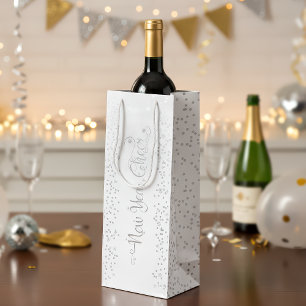 New Year Cheer, Silver Glitter Snowflakes on White Wine Gift Bag