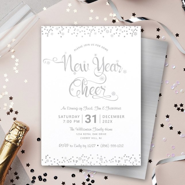 New Year Cheer Silver White Script Confetti Party Invitation (Creator Uploaded)