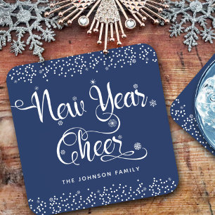 “New Year Cheer” Snowflakes on Blue Add Your Name Coaster