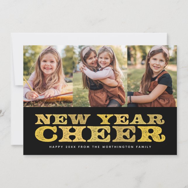 New Year Cheer three photo black gold holiday card (Front)