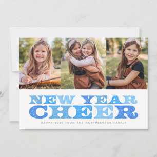 New Year Cheer three photo blue retro holiday card