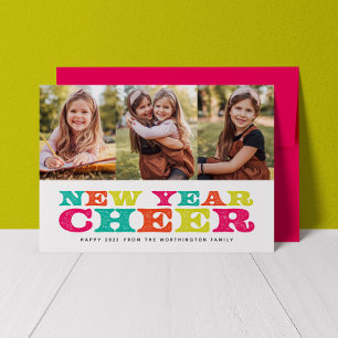 New Year Cheer three photo colorful holiday card