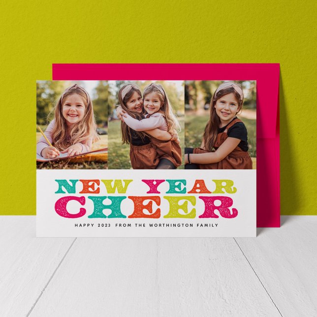 New Year Cheer three photo colorful holiday card (Creator Uploaded)