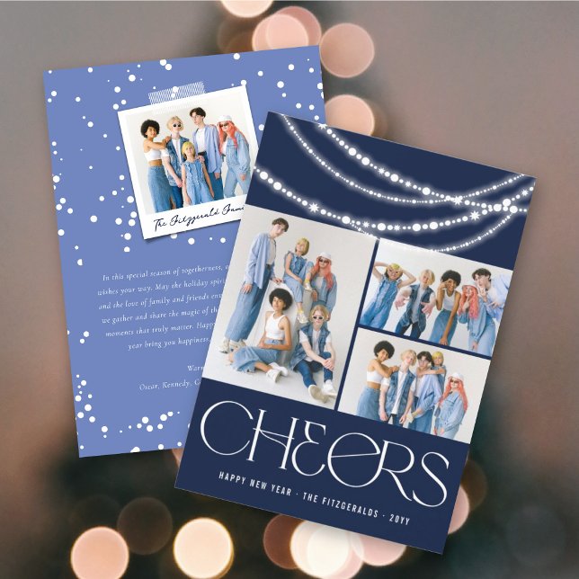 New Year Cheers Sparkling Lights Stylish Photo Holiday Card (Creator Uploaded)