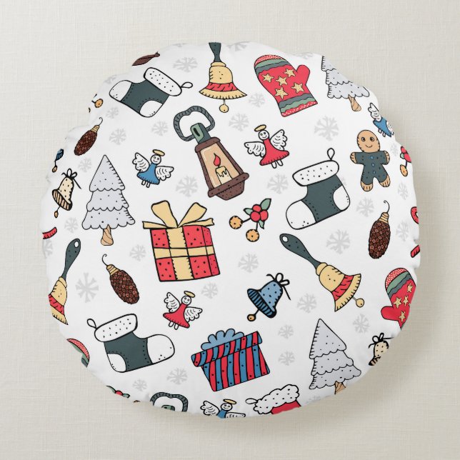 New Year: Christmas Holiday Pattern. Round Cushion (Front)