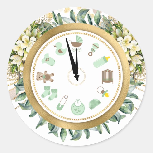 New Year Clock Baby Shower Classic Round Sticker (Front)