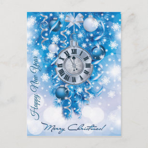 New Year Clock Blue n White Merry Christmas Postcard