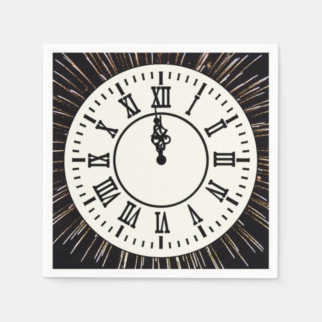 New Year Clock on Fireworks Napkin (Front)