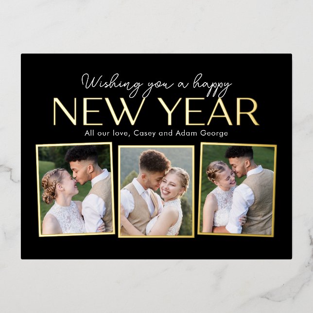 New Year Collage FOIL Editable Colour Postcard (Front)