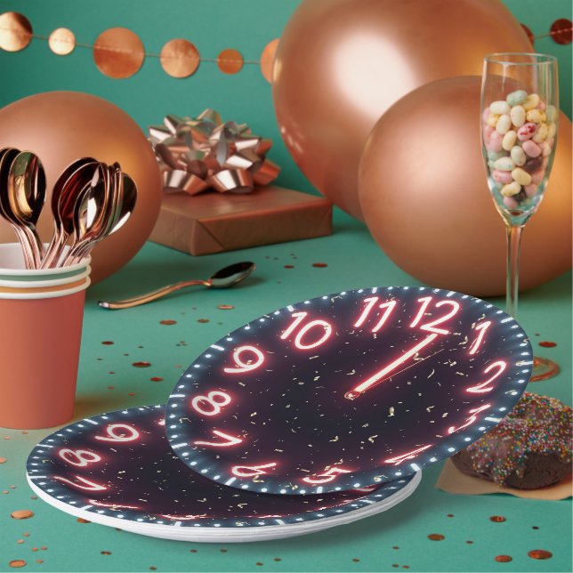 New Year Confetti On Neon Clock Paper Plate (Multi)
