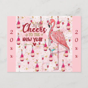 New Year Cute Pink Flamingo Champagne Postcard