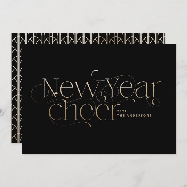 New year elegant Art Deco typography black gold Holiday Card (Front/Back)
