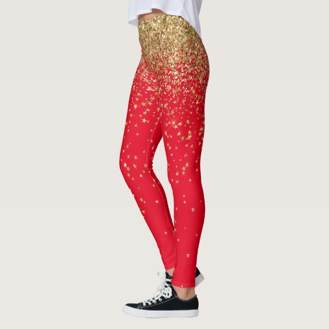 New Year Eve Celebration Gold Glitter Stars Leggings (Left)