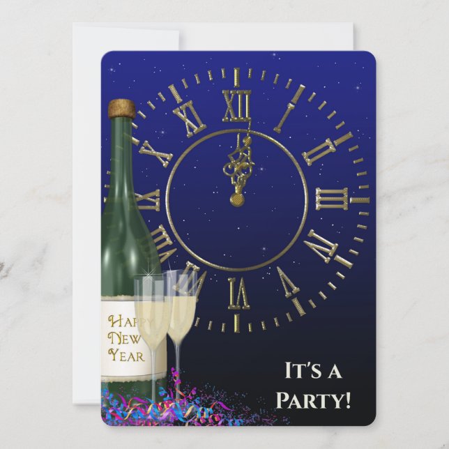 New Year' Eve Party Clock and Champagne Invitation (Front)