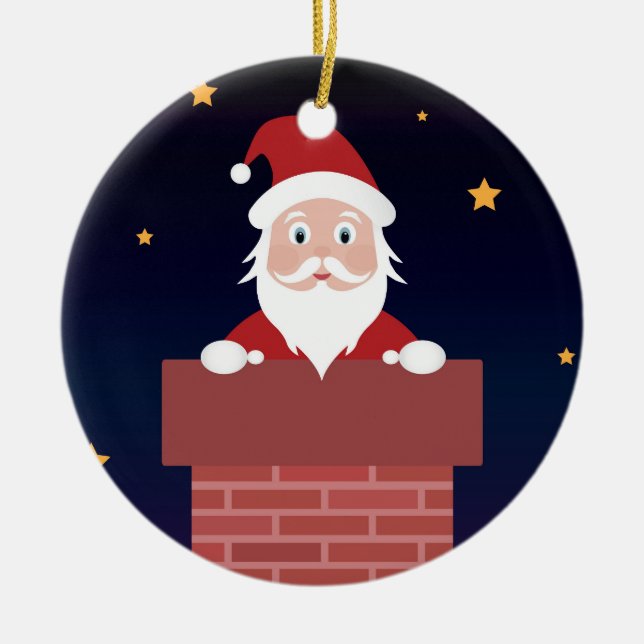 New Year Eve Santa Claus down the Chimney Ceramic Ornament (Front)