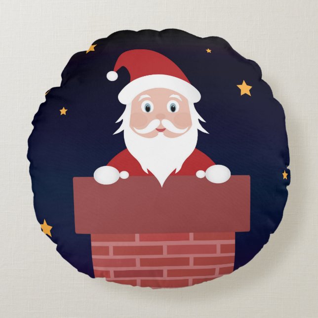 New Year Eve Santa Claus down the Chimney  Round Cushion (Front)