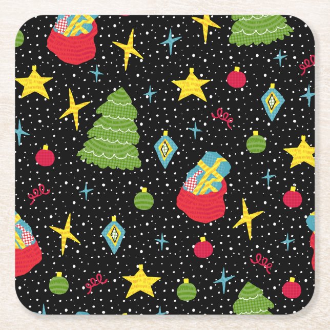 New Year Festive: Colourful Seamless. Square Paper Coaster (Front)