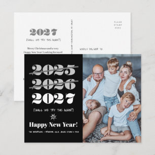New Year Funny 3rd Time a Charm Black White Photo Holiday Postcard