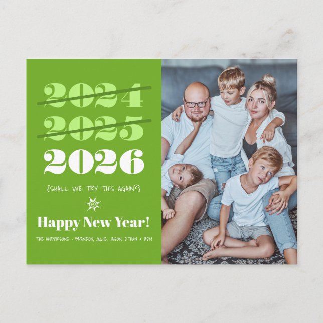 New Year Funny 3rd Time a Charm Modern Green Photo Holiday Postcard (Front)